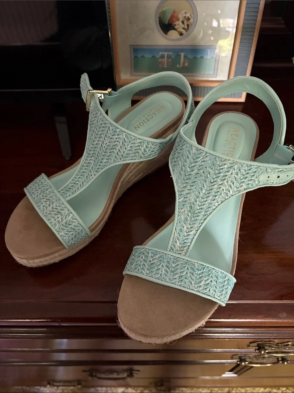 Kenneth Cole Reaction Mint Braided T‑Strap Espadrille Wedge Sandals